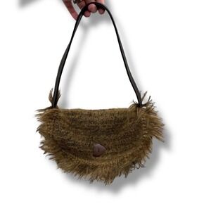 Paris Designer Textured Flap Shoulder Bag Brown Fuzzy Yarn Boho Style Purse